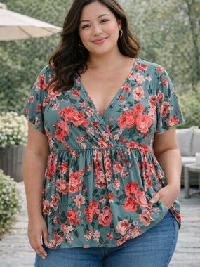 SHEIN 4XL Sage Green Floral Peplum Top V-Neck Short Sleeve Romantic